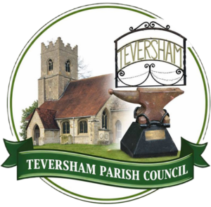 Church, anvil monument, and “TEVERSHAM” sign above green banner reading “TEVERSHAM PARISH COUNCIL” in a circle.